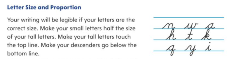 Instruction and example letters in grade 5 D'Nealian workbook.